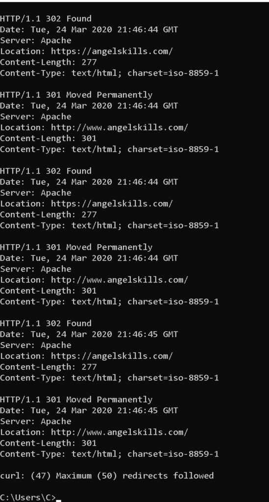 Screenshot of Windows Command prompt showing the Curl command and 50 redirects 