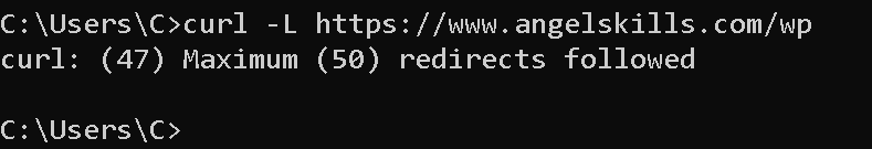 Screenshot of Windows Command prompt showing the Curl command. This was when I had a circular redirect in place.