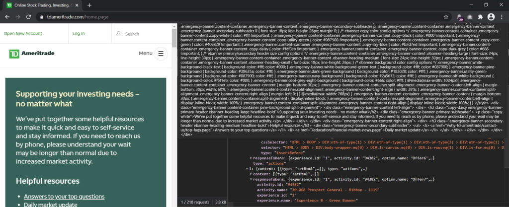   Chrome browser screenshot of developer tools - network tab showing the Adobe Test & Target pixel. Highlighted node showing HTML code of test experience.